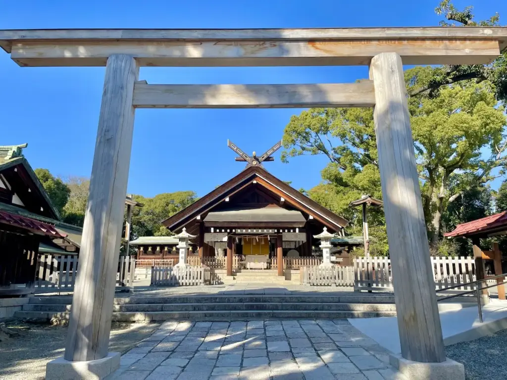 Worship hall (Haiden) and torii gate of Ootori Taisha Shrine in Sakai, Osaka