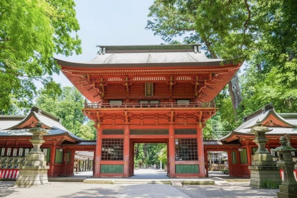 Romon gate of Kashima Jingu, the bright vermilion two-story gate surrounded by forest