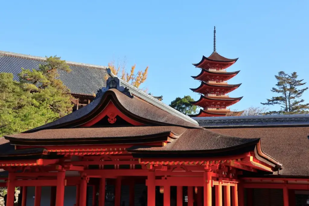 Itsukushima Shrine and the five-storied pagoda on Miyajima Island — showing both Shinto and Buddhist architecture.