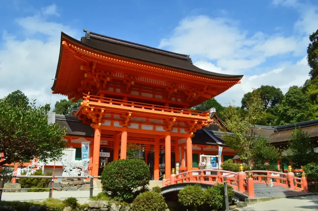 The vivid vermilion Romon gate of Kamigamo Shrine, standing at the entrance to the historic shrine grounds