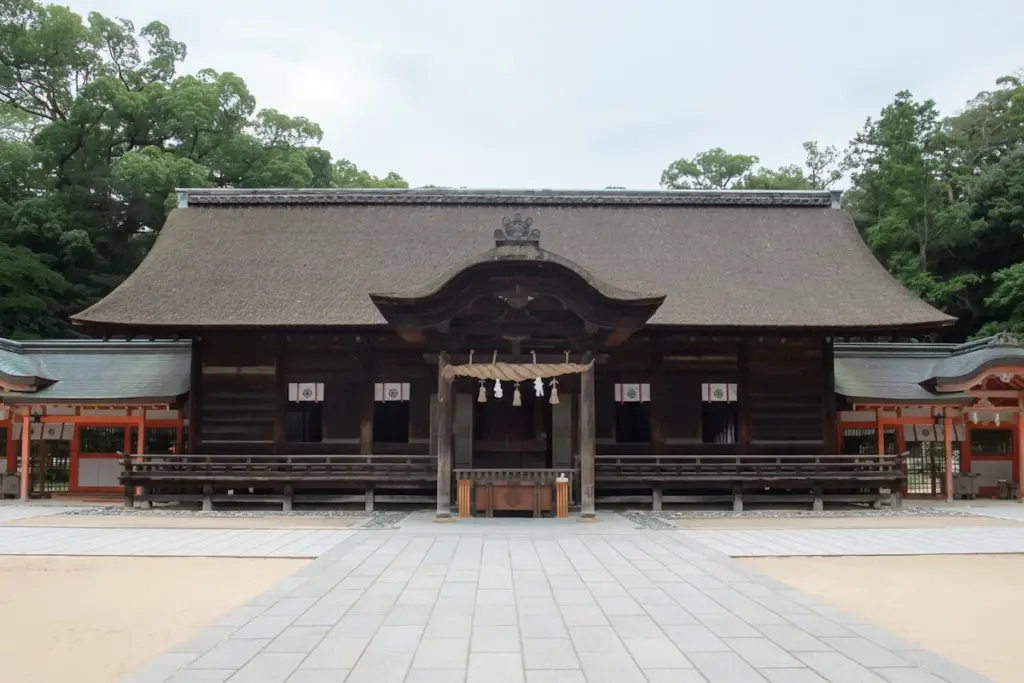 Worship hall (haiden) of Oyamazumi Shrine on Omishima Island, Imabari, Ehime.